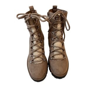 Esprit Taupe Faux Suede Sherpa Lined Lace Up Lug Heel Hiker Ankle Boots